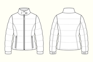 Women's Fitted Puffer Jacket with Stand Collar and Zip Pockets Fashion Technical Flat Sketch © MdAmirul