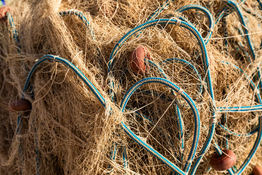 Close-up of tangled fishing net and rope texture detail