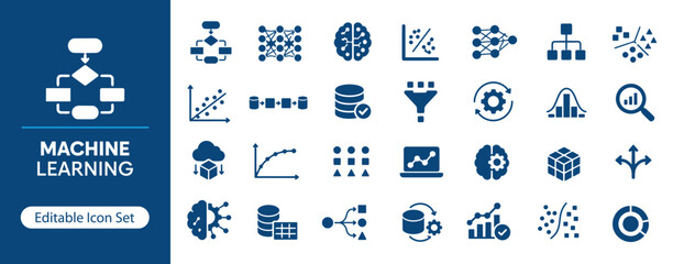 Fototapeta premium Machine Learning Solid Icon Set, Artificial Intelligence and AI Model Icons for Neural Networks, Data Science and Smart Technology UI UX Design