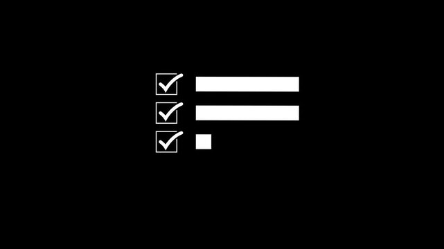 Checklist on the dashed line icon with check marks. Check all the boxes of checklist. Checking a to do list. checklist concept animation on black background. 4k video