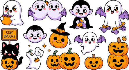 Fototapeta premium Cute halloween character collection kawaii ghosts pumpkins black cat and witch for festive designs