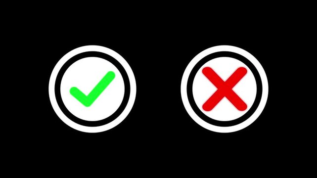 Animated green check mark and red cross symbol yes or no, true or false with alpha channel. check mark and cross mark signs icon animation, pop-up green check mark and red cross X symbol.