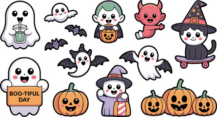 Naklejka premium Cute halloween character set ghosts witches devils pumpkins bats kawaii style vector illustration
