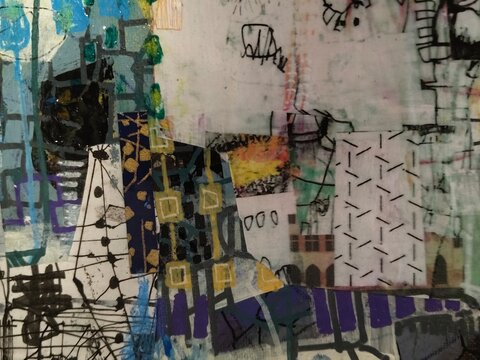 Complex Abstract Mixed Media Collage &mdash; Printed Paper, Gold Marks, Purple Ink and Line Drawing on Canvas