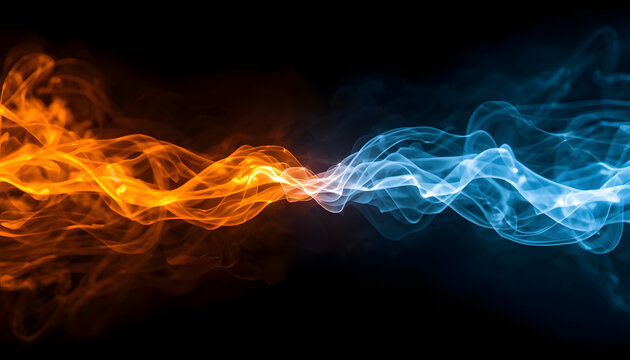 fire and ice light leak with contrasting intense warm orange and sharp cool blue light trails on black background, abstract creative smoky waves digital asset