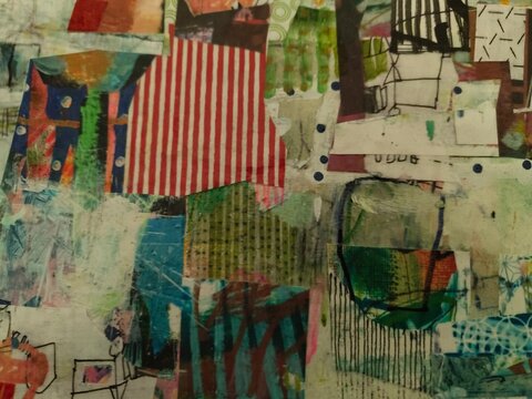 Dense Mixed Media Collage Painting &mdash; Striped Fabric, Printed Paper and Hand Drawing on Layered Canvas
