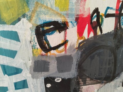 Abstract Mixed Media Painting Detail &mdash; Gestural Marks with Painted Camera Motif on Colorful Acrylic Background