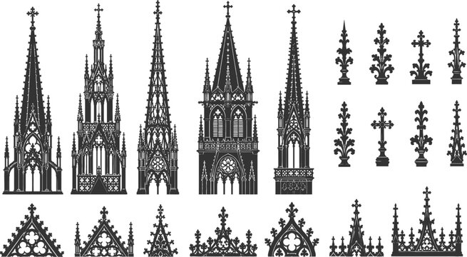 Gothic style spires and crosses black silhouette vector illustration