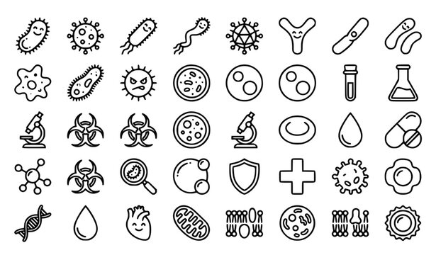 Set of microbiology, bacteria, and virus line art icons.