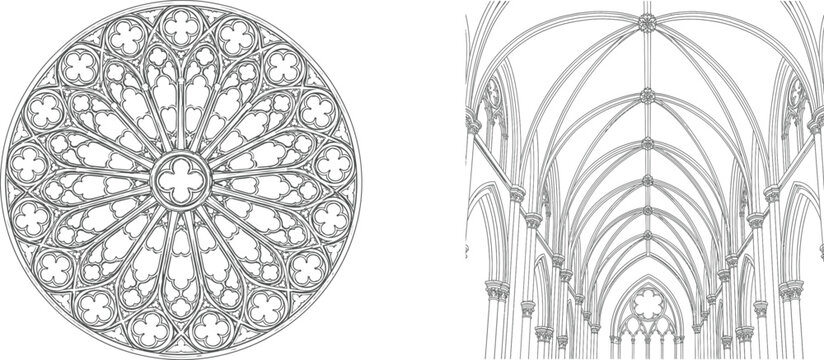 Gothic rose window and vaulted ceiling line drawing on white background