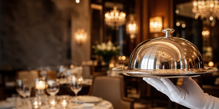 Waiter holding covered serving tray in luxury restaurant. Fine dining, hospitality, catering, restaurant service and premium dining experience concept