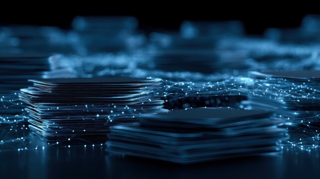 Glowing blue knowledge network with stacks of digital data sheets