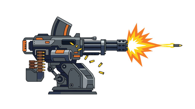 Futuristic Automated Sentry Turret Machine Gun Firing with Muzzle Flash Vector Illustration