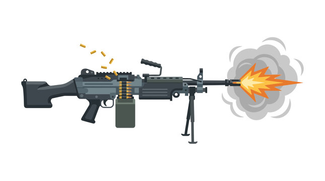 Heavy Machine Gun Firing with Muzzle Flash and Flying Shells Illustration