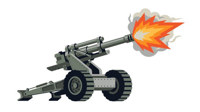 Heavy field artillery howitzer firing with powerful muzzle flash and smoke