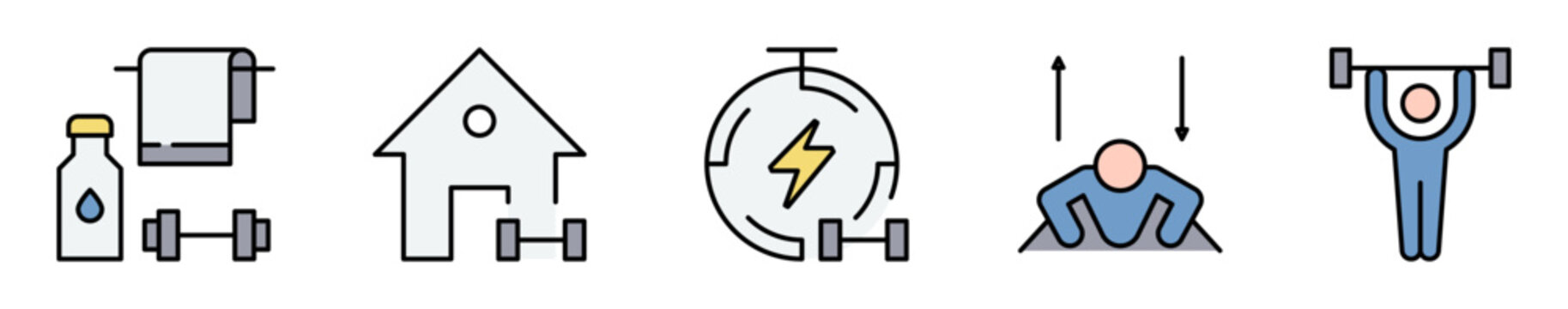 Conjunto de iconos de entrenamiento f&iacute;sico. Representa vida activa y fortalecimiento corporal. Incluye pesas, ejercicio en casa, energ&iacute;a, flexiones y levantamiento de pesas. Ilustraci&oacute;n vectorial