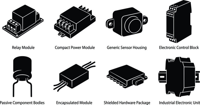 Electronic Module Components Silhouette Icon Set for Industrial Automation and Circuit Design