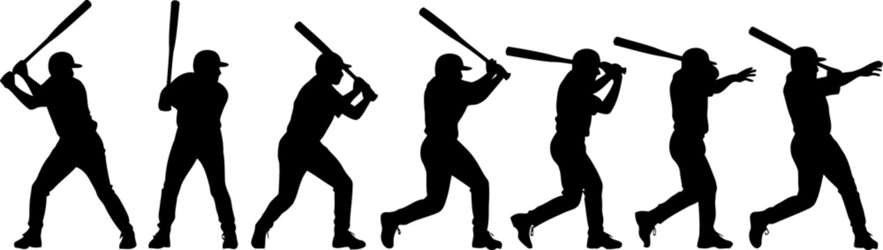Baseball Player Silhouettes in Various Batting Stances and Actions on White Background