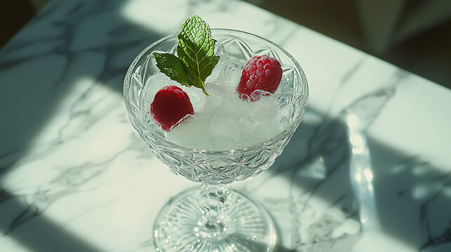 A glass of ice water with a few raspberries and a sprig of mint