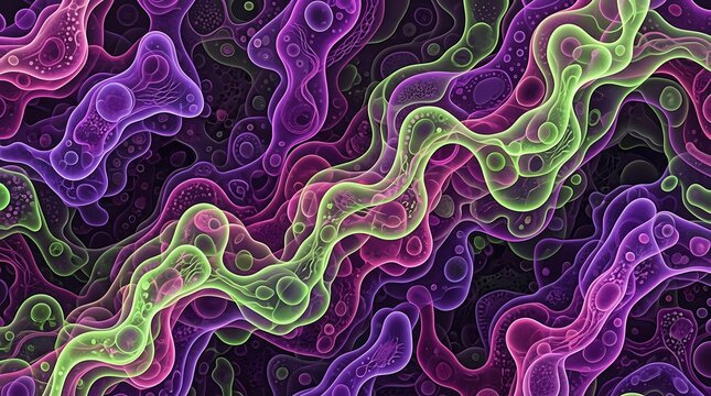 Abstract organic flowing shapes in neon purple and green