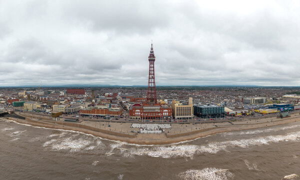 Aerial landscape view of Blackpool seafront with Blackpool Tower and promenade