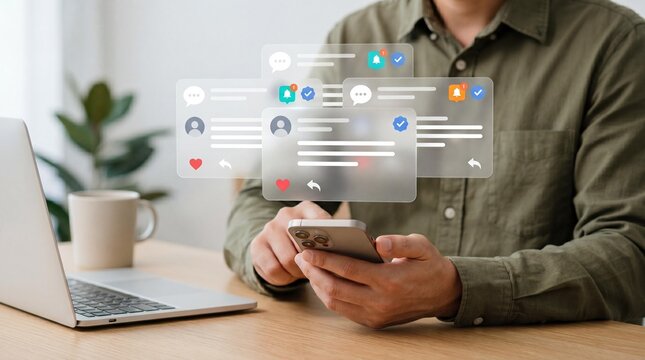 Man hands using smartphone with holographic social media notification interface at desk with holding smartphone floating