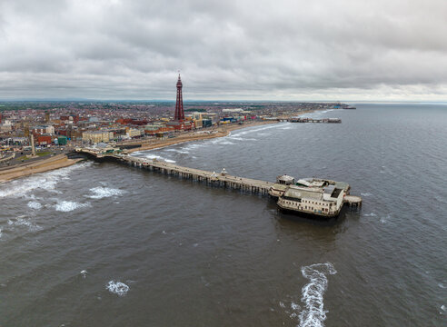Aerial landscape view of Blackpool seafront with Blackpool Tower and North Pier prominent