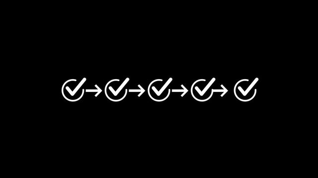 abstract 3 step infographic process with check mark icon animation. Step-by-step process icon animation on black background, process success with check marks.4k video