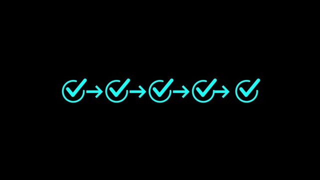 abstract 3 step infographic process with check mark icon animation. Step-by-step process icon animation on black background, process success with check marks.4k video