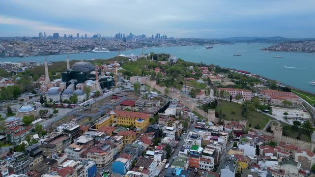 Istanbul cityscape with Hagia Sophia overlooking Bosphorus. Great aerial view drone