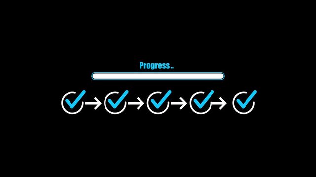 abstract 3 step infographic process with check mark icon animation. Step-by-step process icon animation on black background, process success with check marks.4k video