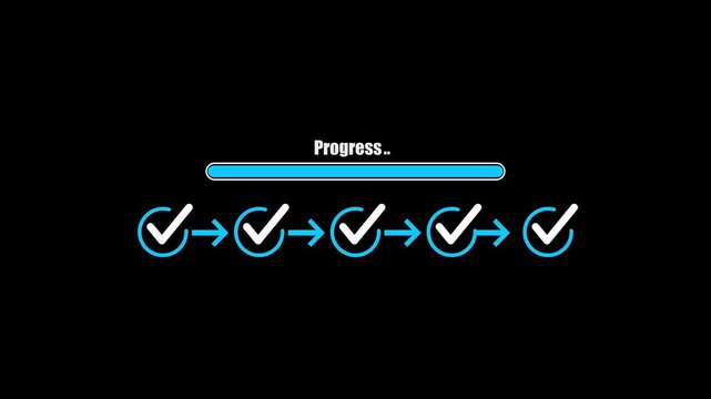 abstract 3 step infographic process with check mark icon animation. Step-by-step process icon animation on black background, process success with check marks.4k video