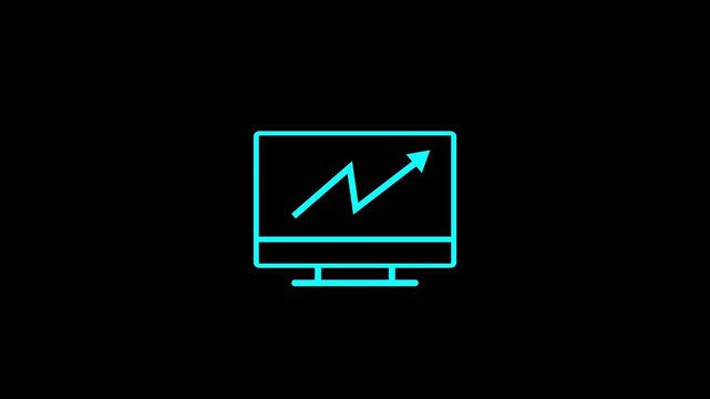 green line art icon of a computer monitor displaying a rising graph on a black background Keywords: computer, monitor, screen, graph, chart, line, arrow, up, rising, growth, increase, 4k