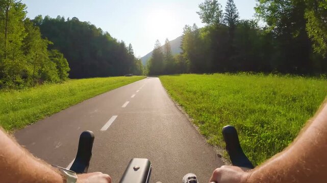 POV of cyclist riding on asphalt bike path at sunset in summer. Slovenia. First person view of male hands on bicycle handlebar cycling on road in green fields, forest. Active sport outdoor lifestyle