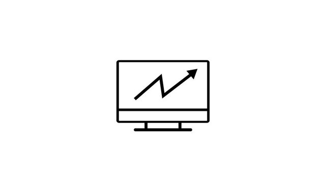 black line art icon of a computer monitor displaying a rising graph on a white background Keywords: computer, monitor, screen, graph, chart, line, arrow, up, rising, growth, increase, 4k