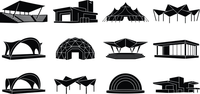 Modern Pavilion and Event Structure Silhouette Icon Set with Architectural Stage and Canopy Designs