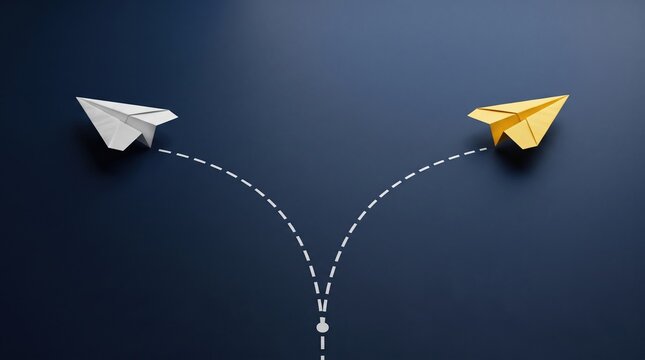 Paper airplanes choosing different directions on dark background with decision direction airplane business strategy