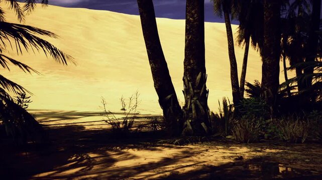Palm silhouettes along australian shoreline, deep golden sky, long shadows on sand, tropical fringe vegetation, moody sunset light, cinematic coastal vibe
