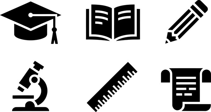 Six black representing education and science on a white background including microscope