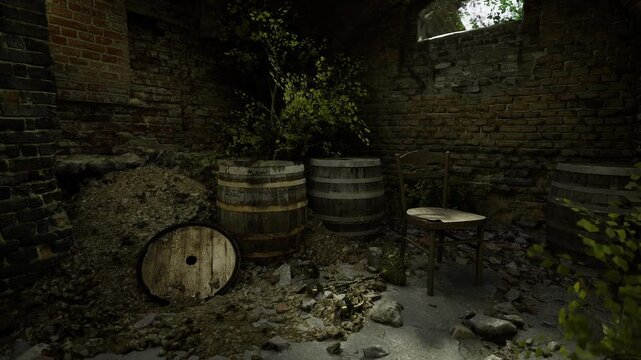 Dim brick cellar with stacked barrels and stool dustcovered wooden heads lean against mossy walls, small arched window casting thin beam of light across cracked