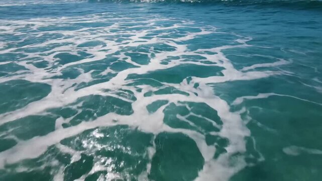 Detailed view of sea foam and ocean waves in clear blue water