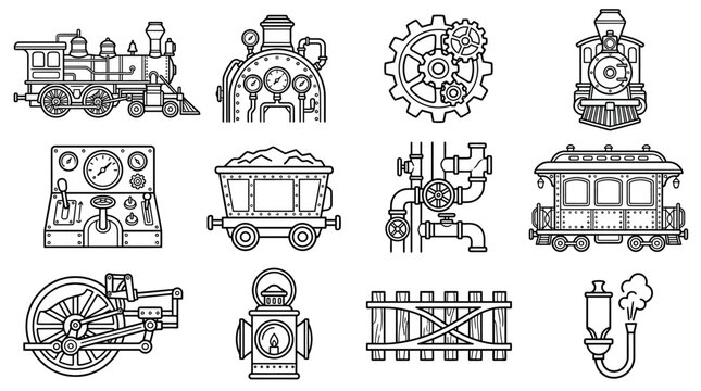 Steampunk Train Elements Collection Vector Illustration