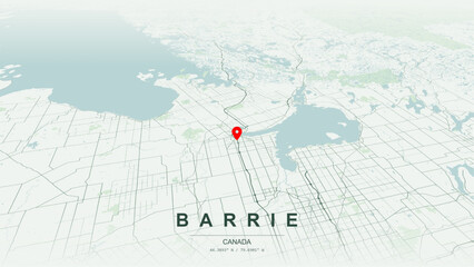 Modern minimalist vector map of Barrie, Ontario. High-quality scalable illustration of Barrie geographic boundaries, Lake Simcoe and Kempenfelt Bay shoreline networks for posters design. © AliRza