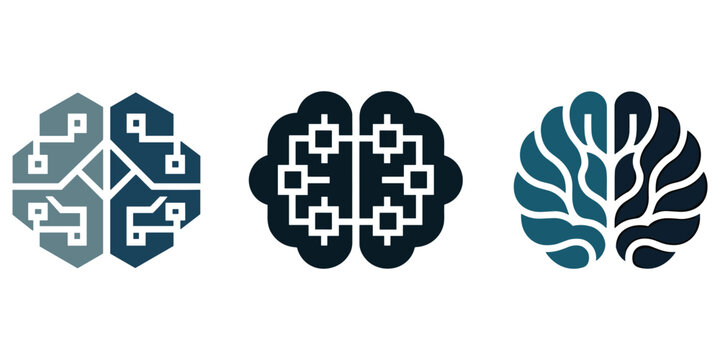 Set of three unique brain graphics representing intelligence, technology, and thought processes