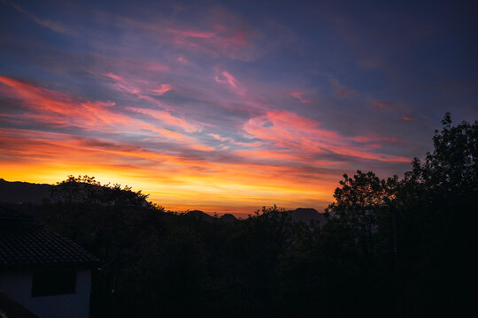 Sunset landscape over Asturias with dramatic colorful sky