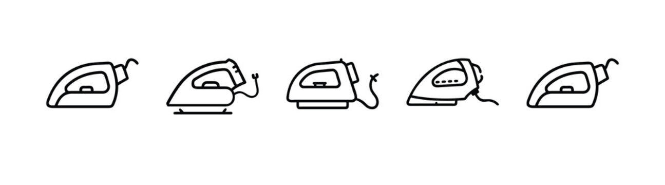 Clothes iron line icons set, electric steam laundry, garment press appliance, fabric smooth heating, domestic housework & more vector illustration with editable stroke.