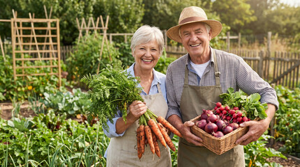 Fototapeta premium Happy senior couple holding carrots and basket of vegetables in organic garden, healthy harvest and farming concept