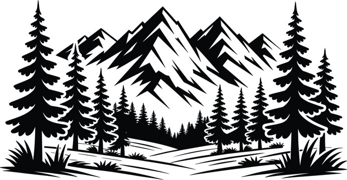 Mountain landscape illustration, monochrome mountain peaks with evergreen pine forest in clean black and white style, perfect for hiking, travel, camping, logo design, and vector designs.