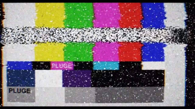 Static on the Screen: A visual representation of a television test pattern, with colorful bars, static noise, and the word PLUGE displayed, creating a retro or technical aesthetic.