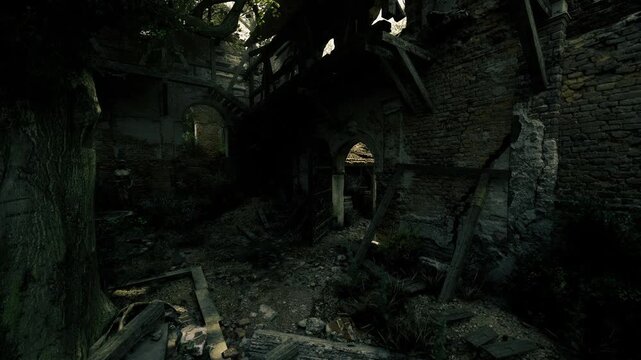 Narrow arched passageway swallowed by shadow and foliage, scattered planks and crumbling walls suggest long neglect and quiet solitude perfect for evocative